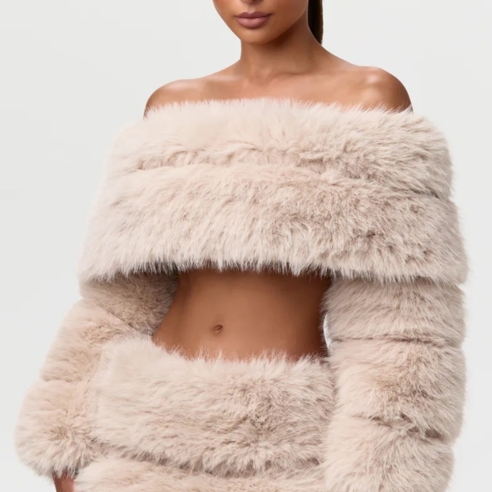 Naked Wardrobe Cream Off-Shoulder Fuzzy Top